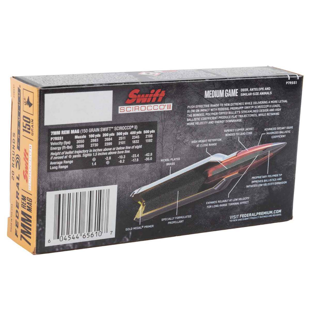 Federal Premium 7mm Remington Magnum 150gr Swift Scirocco II Rifle Ammo - 20 Rounds Federal Premium 7mm Remington Magnum 150gr Swift Scirocco II Rifle Ammo - 20 Rounds