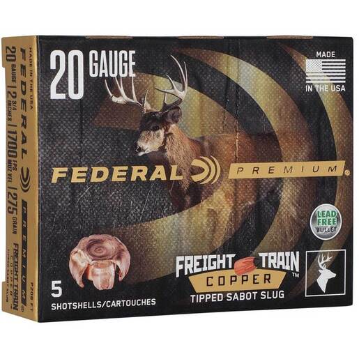 Federal Premium FreightTrain Copper Sabot 20 Gauge 2-3/4in 5/8oz Copper Slug Shotshell Ammo - 5 Rounds 5 Rounds Ammo