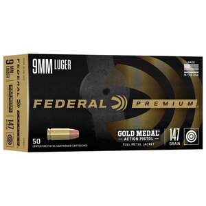 Federal Premium Gold Medal Action Pistol 9mm Luger 147gr FMJ Handgun Ammo - 50 Rounds