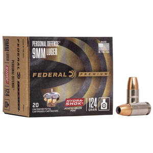 Federal Premium Personal Defense 9mm Luger 124gr Hydra-Shok JHP Handgun Ammo - 20 Rounds