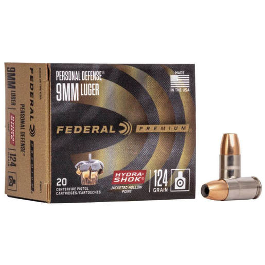 Federal Premium Personal Defense 9mm Luger 124gr Hydra-Shok JHP Handgun Ammo Ammo - 20 Rounds 20 Rounds Ammo