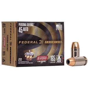 Federal Premium Personal Defense Low Recoil 45 Auto (ACP) 165gr Hydra-Shok JHP Handgun Ammo - 20 Rounds Federal Premium Personal Defense Low Recoil 45 Auto (ACP) 165gr Hydra-Shok JHP Handgun Ammo - 20 Rounds
