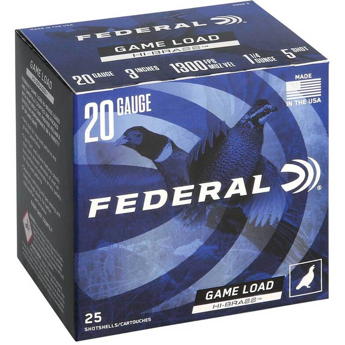 Federal Upland Hi-Brass 20 Gauge 3in #5 1 1/4oz Game Load Shotshells - 25 Rounds Federal Upland Hi-Brass 20 Gauge 3in #5 1 1/4oz Game Load Shotshells - 25 Rounds