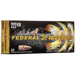 Federal Varmint & Predator Speer TNT Green 222 Remington 43gr Hollow Point Centerfire Ammo - 20 Rounds Federal Varmint & Predator Speer TNT Green 222 Remington 43gr Hollow Point Centerfire Ammo - 20 Rounds