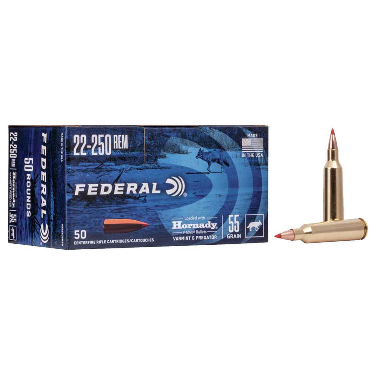 Federal Varmint/Predator 22-250 Remington 55gr V Max Rifle Ammo - 50 Rounds Federal Varmint/Predator 22-250 Remington 55gr V Max Rifle Ammo - 50 Rounds