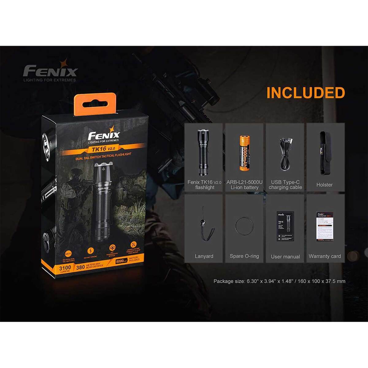 Fenix TK16 V2.0 Tactical Mid Size Flashlight - Black Fenix TK16 V2.0 Tactical Mid Size Flashlight - Black