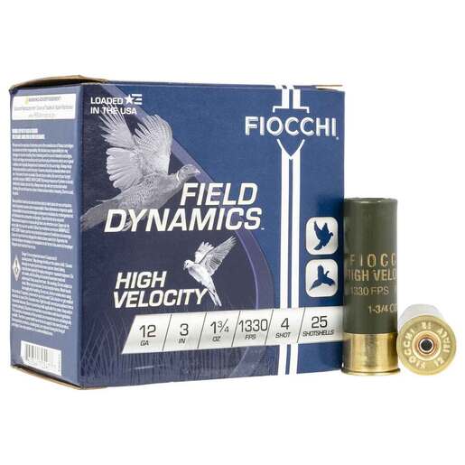Fiocchi Field Dynamics High Velocity 12 Gauge 3in #4 1-3/4oz Upland Shotshells Ammo - 25 Rounds Ammo - #4 25 Rounds - #4 Ammo