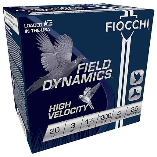 Fiocchi Field Dynamics High Velocity 20 Gauge 3in #4 1-1/4oz Upland Shotshells Ammo - 25 Rounds Ammo - #4 25 Rounds - #4 Ammo
