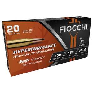 Fiocchi Hyperformance 300 Winchester Magnum 180gr Swift Scirocco II Boat-Tail Spitzer Rifle Ammo - 20 Rounds Fiocchi Hyperformance 300 Winchester Magnum 180gr Swift Scirocco II Boat-Tail Spitzer Rifle Ammo - 20 Rounds
