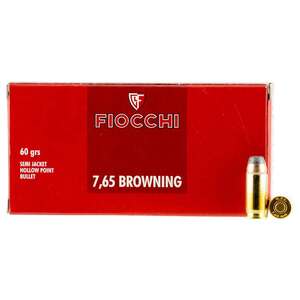 Fiocchi Shooting Dynamics 32 Auto (ACP) 60gr SJHP Handgun Ammo - 50 Rounds