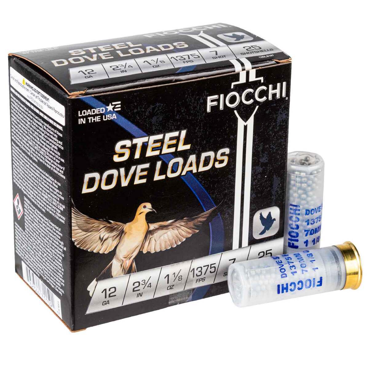 Fiocchi Steel Dove Loads 12 Gauge 2-3/4in #7 1-1/8oz Upland Shotshells - 25 Rounds Fiocchi Steel Dove Loads 12 Gauge 2-3/4in #7 1-1/8oz Upland Shotshells - 25 Rounds