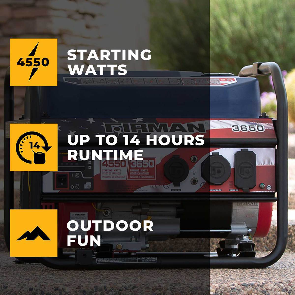 FIRMAN P03618 4550/3650 Watts Portable Gas Generator - Red / White / Blue FIRMAN P03618 4550/3650 Watts Portable Gas Generator - Red / White / Blue