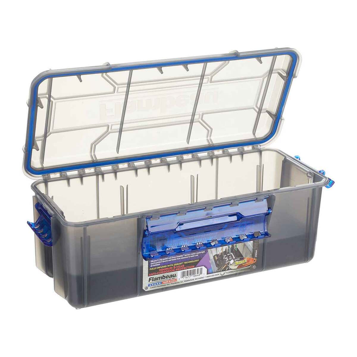 flambeau outdoor tackle box Outdoors 6382 2-Tray Box, 15 Compartments, Blue and Gray pivoting swing trays instead of stacked cantilever trays open with single finger operation and eliminate the need to double the footprint and expand out linked trays in order to access one piece of tackle Flambeau Lil'Brute Box / Lift