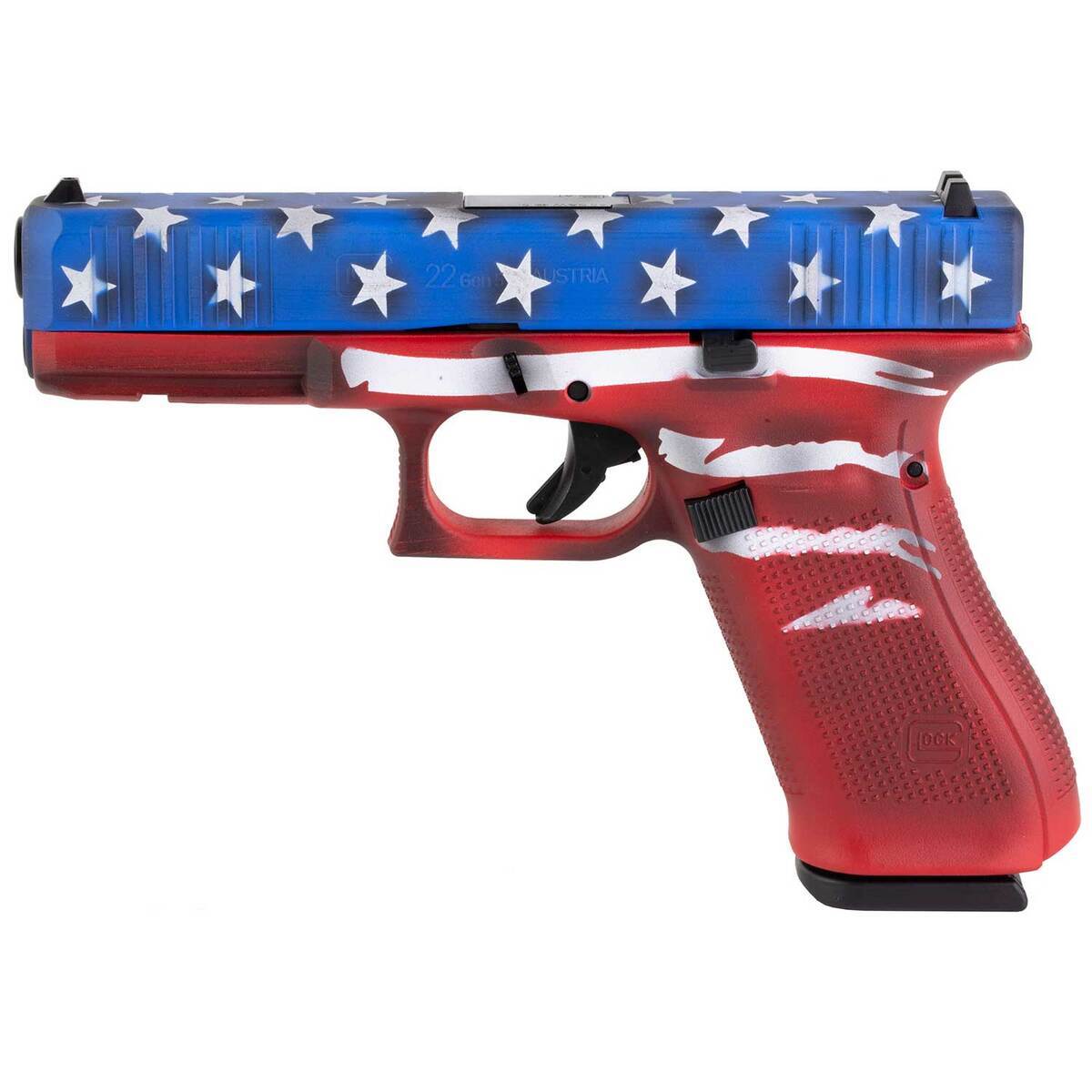 Glock 22 Gen5 40 S&W 4.5in Red, White & Blue Battleworn Flag Pistol - 15+1 Rounds - Camo Glock 22 Gen5 40 S&W 4.5in Red, White & Blue Battleworn Flag Pistol - 15+1 Rounds - Camo