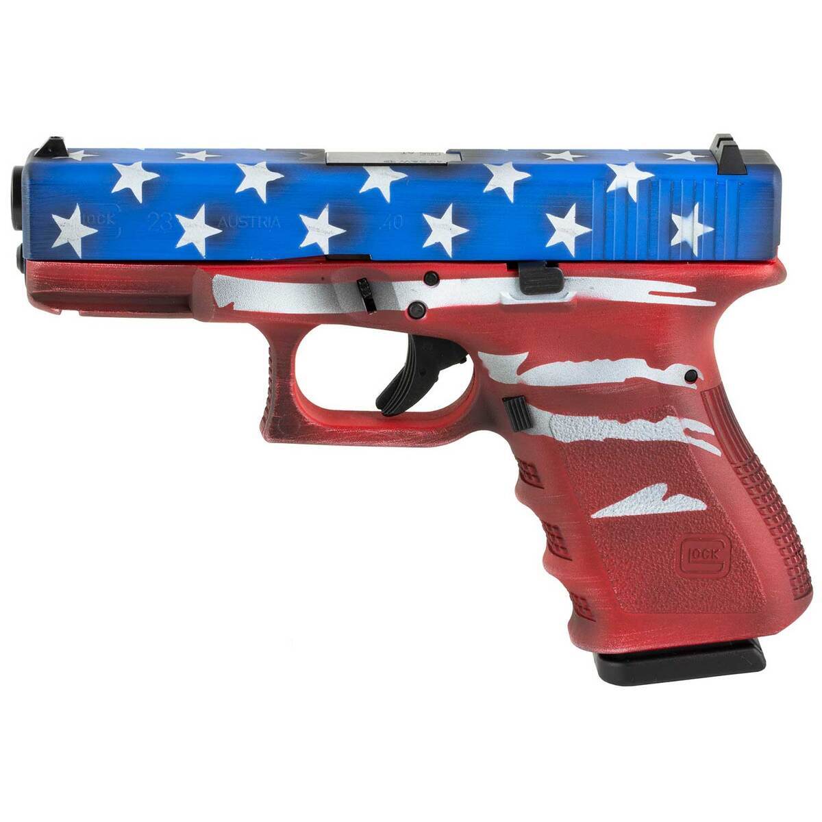 Glock 23 Gen3 40 S&W 4in Red, White & Blue Battleworn Flag Pistol - 13+1 Rounds - Camo Glock 23 Gen3 40 S&W 4in Red, White & Blue Battleworn Flag Pistol - 13+1 Rounds - Camo