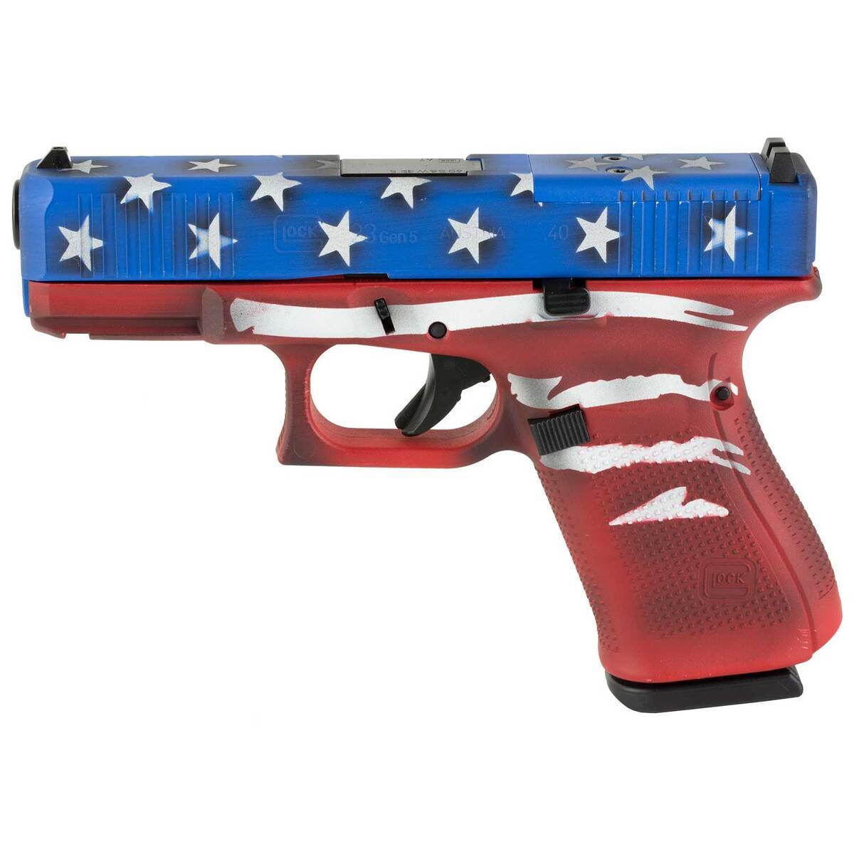 Glock 23 Gen5 M.O.S 40 S&W 4.02in Red, White & Blue Battleworn Flag Pistol - 13+1 Rounds - Camo Glock 23 Gen5 M.O.S 40 S&W 4.02in Red, White & Blue Battleworn Flag Pistol - 13+1 Rounds - Camo
