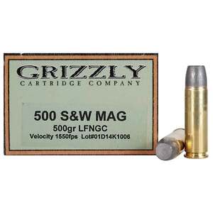 Grizzly Cartridge 500 S&W Magnum 500gr Long Flat Nose Handgun Ammo - 20 Rounds