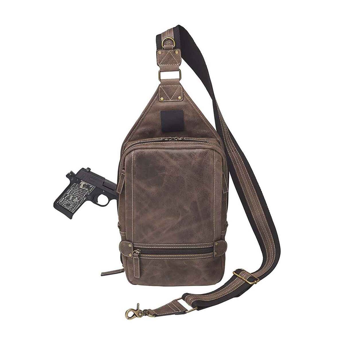 Gun Tote'n Mama Concealed Crossbody Sling Backpack - Distressed Buffalo - Brown Gun Tote'n Mama Concealed Crossbody Sling Backpack - Distressed Buffalo - Brown