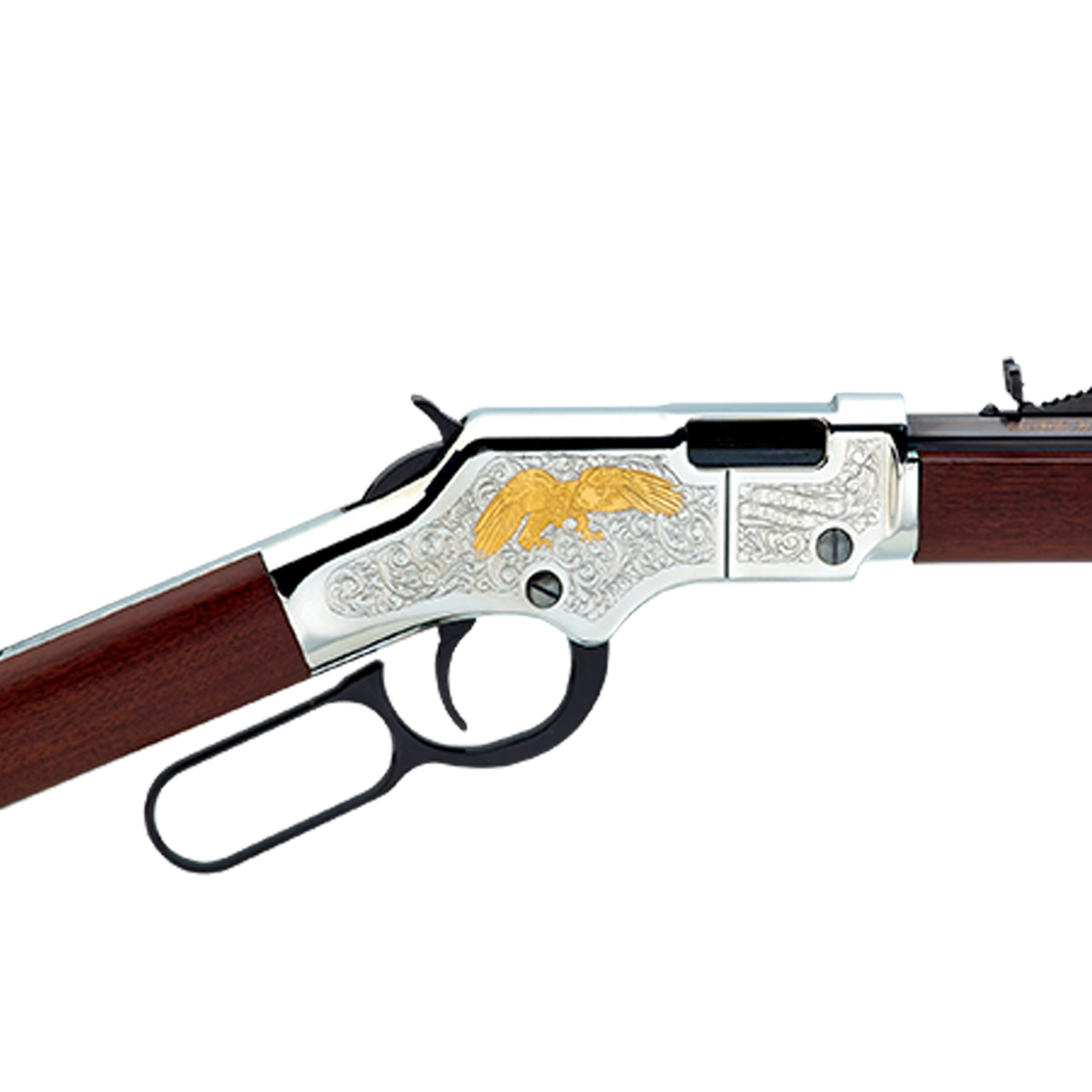 Henry Golden Eagle Silver Nickel-Platted Lever Action Rifle - 22 Long Rifle - 20in - Brown Henry Golden Eagle Silver Nickel-Platted Lever Action Rifle - 22 Long Rifle - 20in - Brown