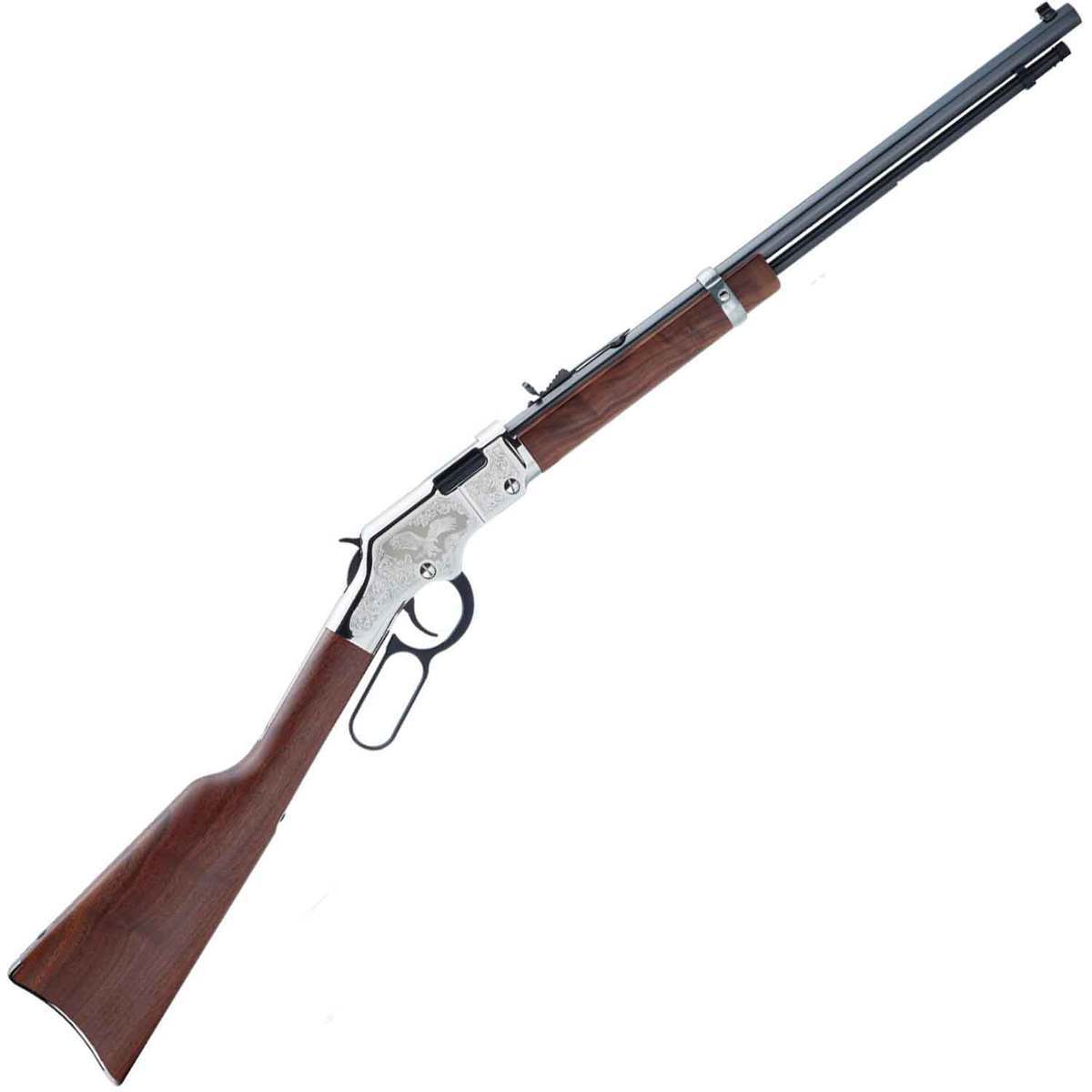 Henry Silver Eagle 2nd Edition Engraved Nickel Receiver Lever Action Rifle - 22 Long Rifle - 20in - Brown Henry Silver Eagle 2nd Edition Engraved Nickel Receiver Lever Action Rifle - 22 Long Rifle - 20in - Brown