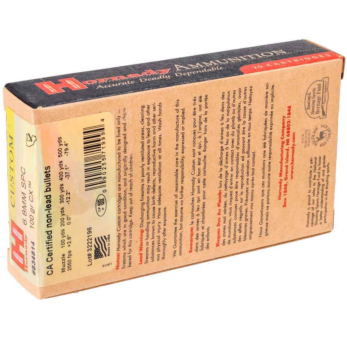 Hornady Custom 6.8mm Remington SPC 100gr CX Custom Rifle Ammo - 20 Rounds Hornady Custom 6.8mm Remington SPC 100gr CX Custom Rifle Ammo - 20 Rounds