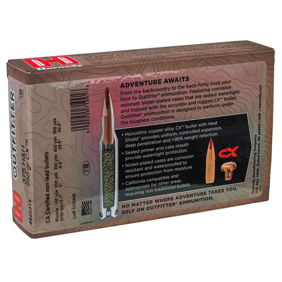 Hornady CX Outfitter 375 H&H Magnum 250gr Rifle Ammo - 20 Rounds Hornady CX Outfitter 375 H&H Magnum 250gr Rifle Ammo - 20 Rounds