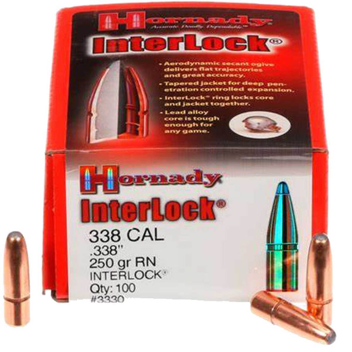 Hornady Interlock 338 Caliber RN 250gr Reloading Bullets - 100 Count Hornady Interlock 338 Caliber RN 250gr Reloading Bullets - 100 Count