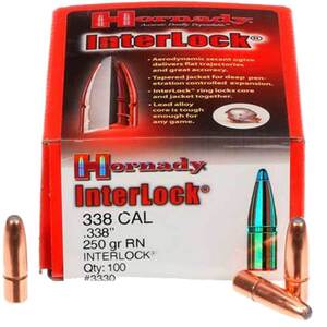 Hornady Interlock 338 Caliber RN 250gr Reloading Bullets - 100 Count