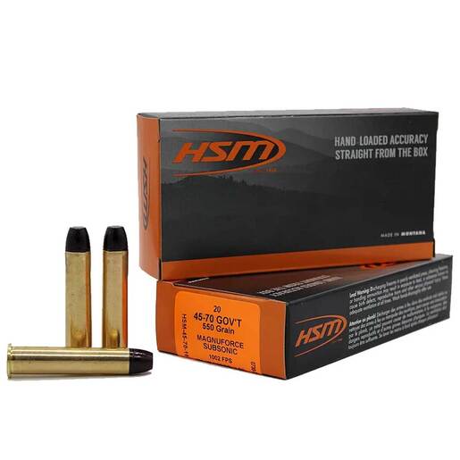 HSM Ammunition Subsonic 45-70 Government 550gr Flat Nose Rifle Ammo Ammo - 20 Rounds Ammo - Brass 20 Rounds - Brass Ammo