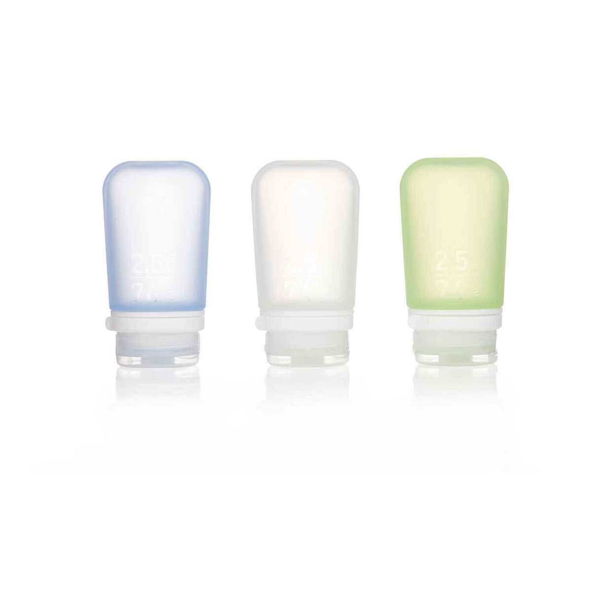 Humangear GoToob+ 2.5oz 3 Pack Silicone Bottles - Clear, Green, Blue - Clear, Green, Blue Humangear GoToob+ 2.5oz 3 Pack Silicone Bottles - Clear, Green, Blue - Clear, Green, Blue