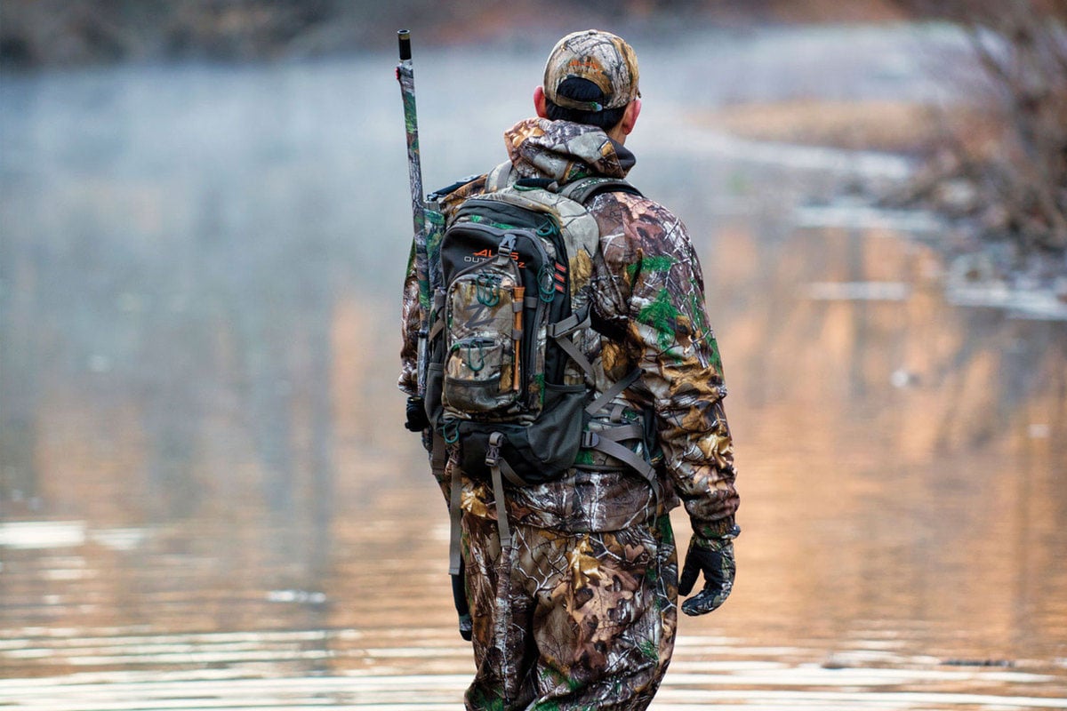 Man wearing a hunting Backpack