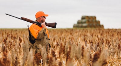 man in field with semi-automatic shotgun