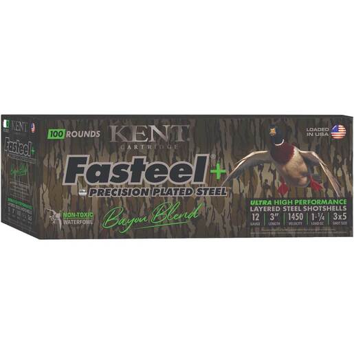 Kent Cartridge Fasteel Precision Plated Steel 12 Gauge 3in #3x5 1 1/4oz Waterfowl Shotshells Ammo - 100 Rounds Ammo - #3x5 100 Rounds - #3x5 Ammo