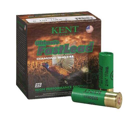 Kent Cartridge Ultimate FastLead Shot Diamond 16 Gauge 2-3/4in #6 1-1/8oz Shotshells – 25 Rounds – 6