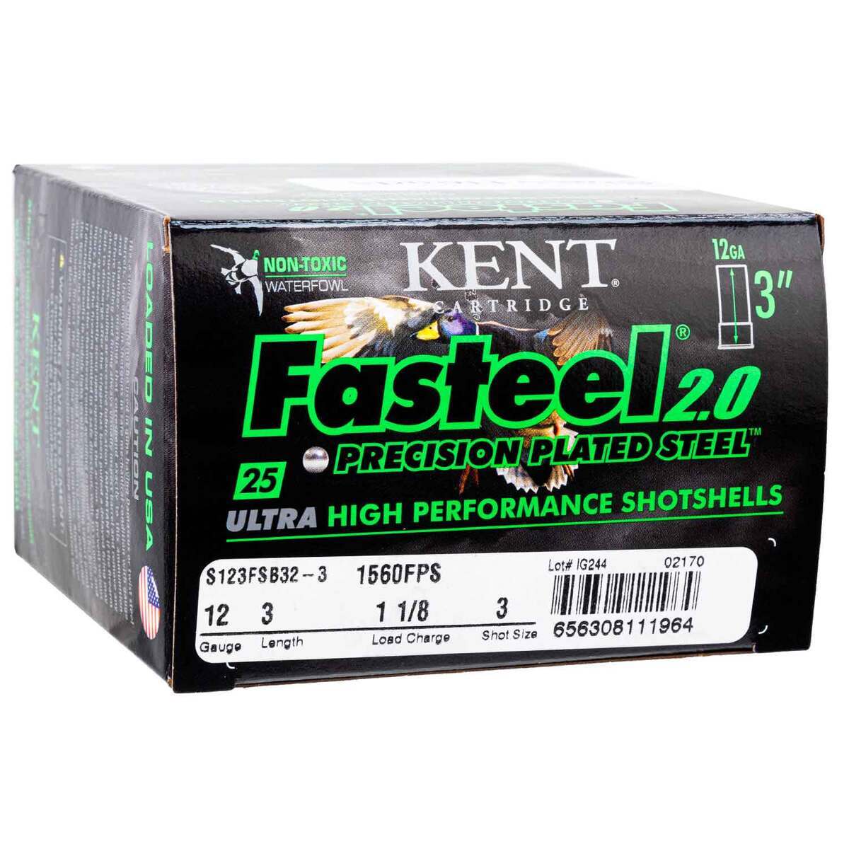 Kent Cartridge Fasteel 2.0 12 Gauge 3in #3 1-1/8oz Waterfowl Shotshells ...