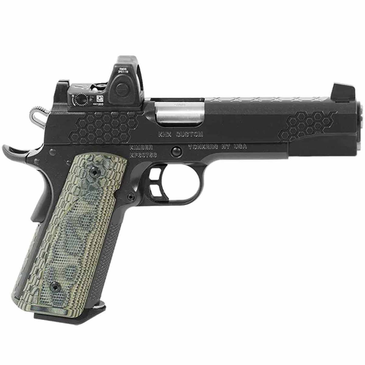 Kimber KHX Custom Trijicon RMW Type 2 Optic 9mm Luger 5in Black/Green Pistol - 8+1 Rounds - Black/Green Kimber KHX Custom Trijicon RMW Type 2 Optic 9mm Luger 5in Black/Green Pistol - 8+1 Rounds - Black/Green