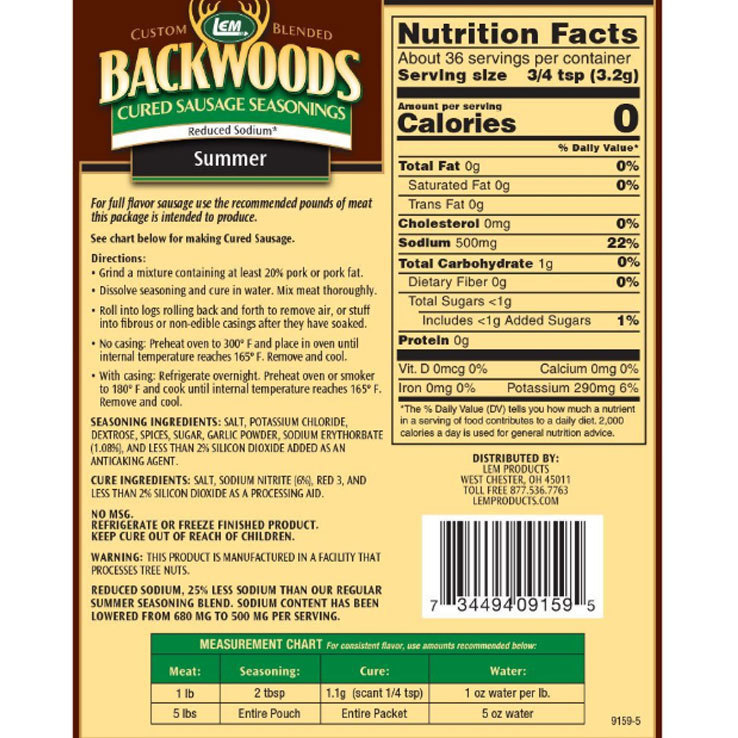 LEM Backwoods Reduced Sodium Summer Sausage Cured Sausage Seasoning - 4.1oz LEM Backwoods Reduced Sodium Summer Sausage Cured Sausage Seasoning - 4.1oz