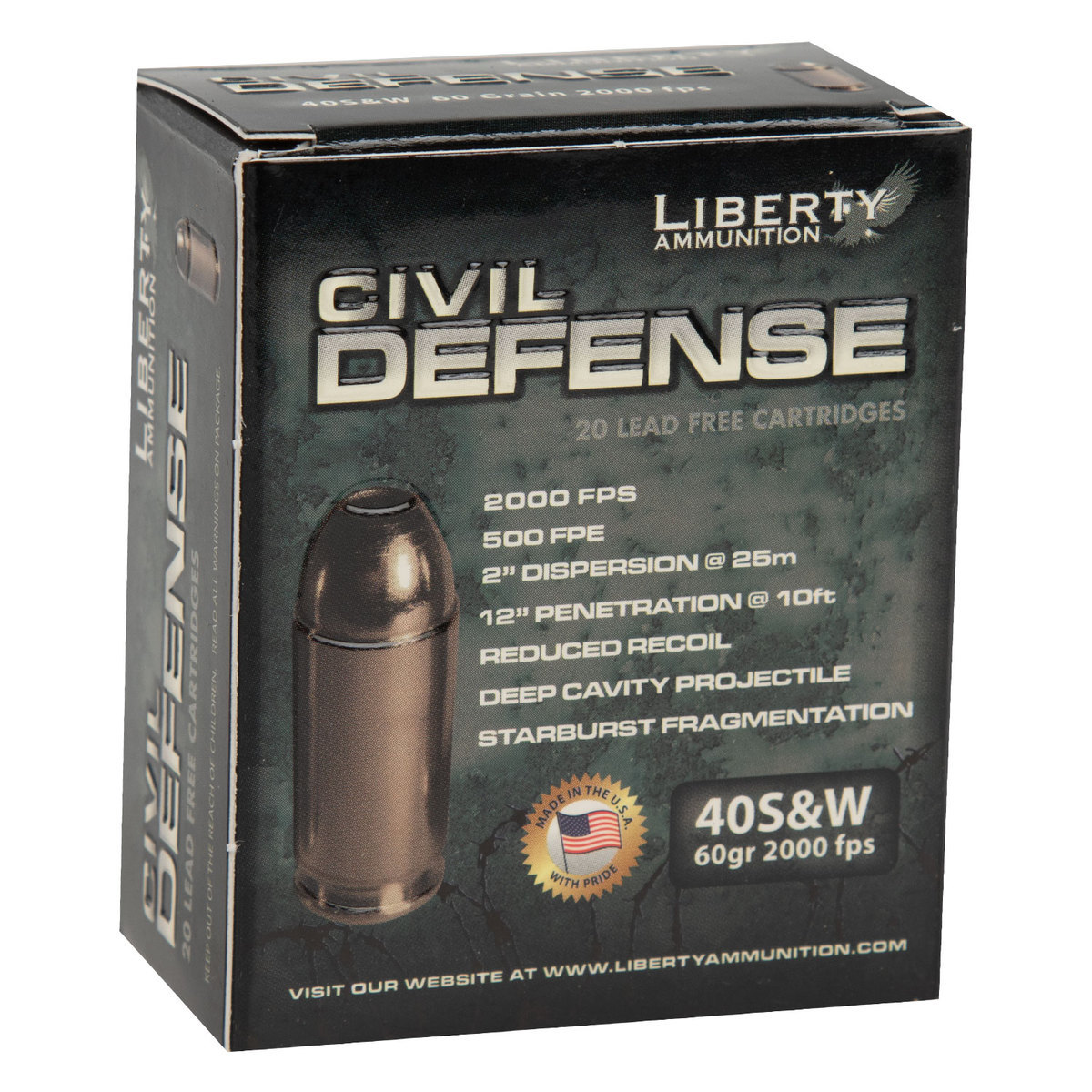 Liberty Civil Defense 40 S&W 60gr HP Handgun Ammo - 20 Rounds ...