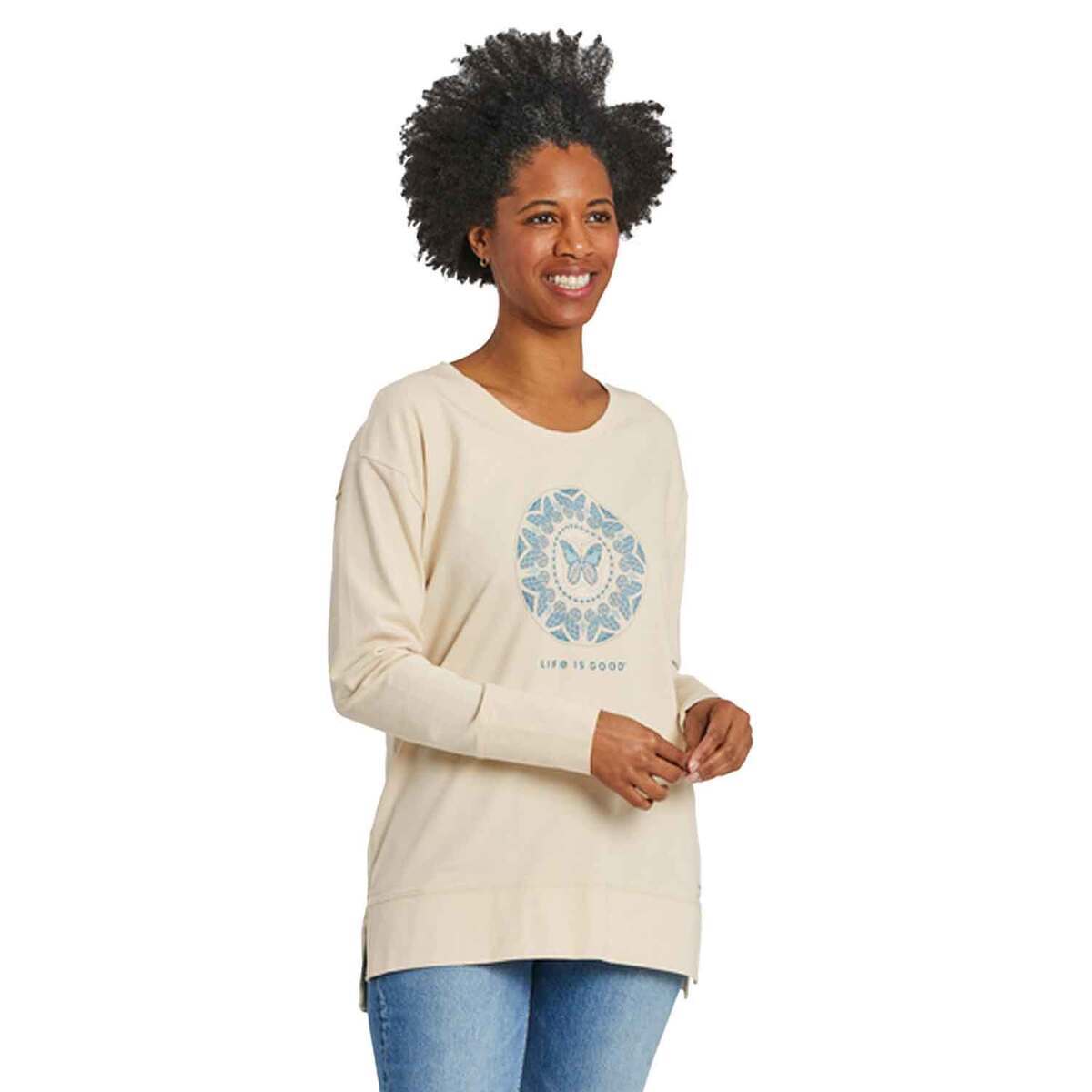 Life Is Good Women's Lig Butterfly Coin Crusher-Flex Tunic Long Sleeve T-Shirt in Putty White Size Small | Cotton Blend
