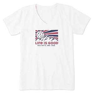Life Is Good Women's Red White & True Mountains Short Sleeve Casual Shirt - Cloud White - L