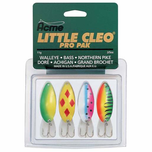 Acme Little Cleo Pro Pak Casting Spoon Assortment – Fire Tiger, Rainbow Trout, YellowithRed Diamonds, Chartreuse/Green #3 Hook