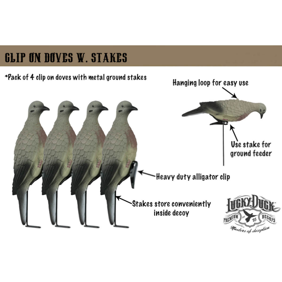 Lucky Duck Clip On With Stakes Dove Decoys - 4 Pack Lucky Duck Clip On With Stakes Dove Decoys - 4 Pack