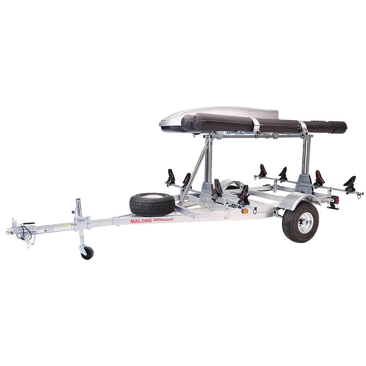 Malone MegaSport LowBed Kayak Trailer- with Tier, Spare, 2 sets SaddleUp, Cargo Box, 2 Rod Tubes Malone MegaSport LowBed Kayak Trailer- with Tier, Spare, 2 sets SaddleUp, Cargo Box, 2 Rod Tubes