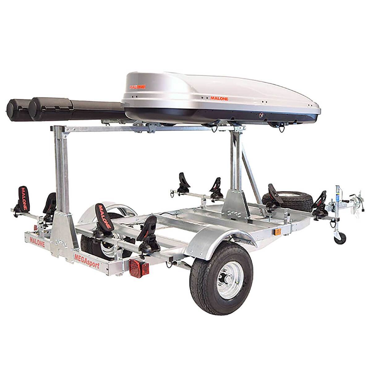 Malone MegaSport LowBed Kayak Trailer- with Tier, Spare, 2 sets SaddleUp, Cargo Box, 2 Rod Tubes Malone MegaSport LowBed Kayak Trailer- with Tier, Spare, 2 sets SaddleUp, Cargo Box, 2 Rod Tubes