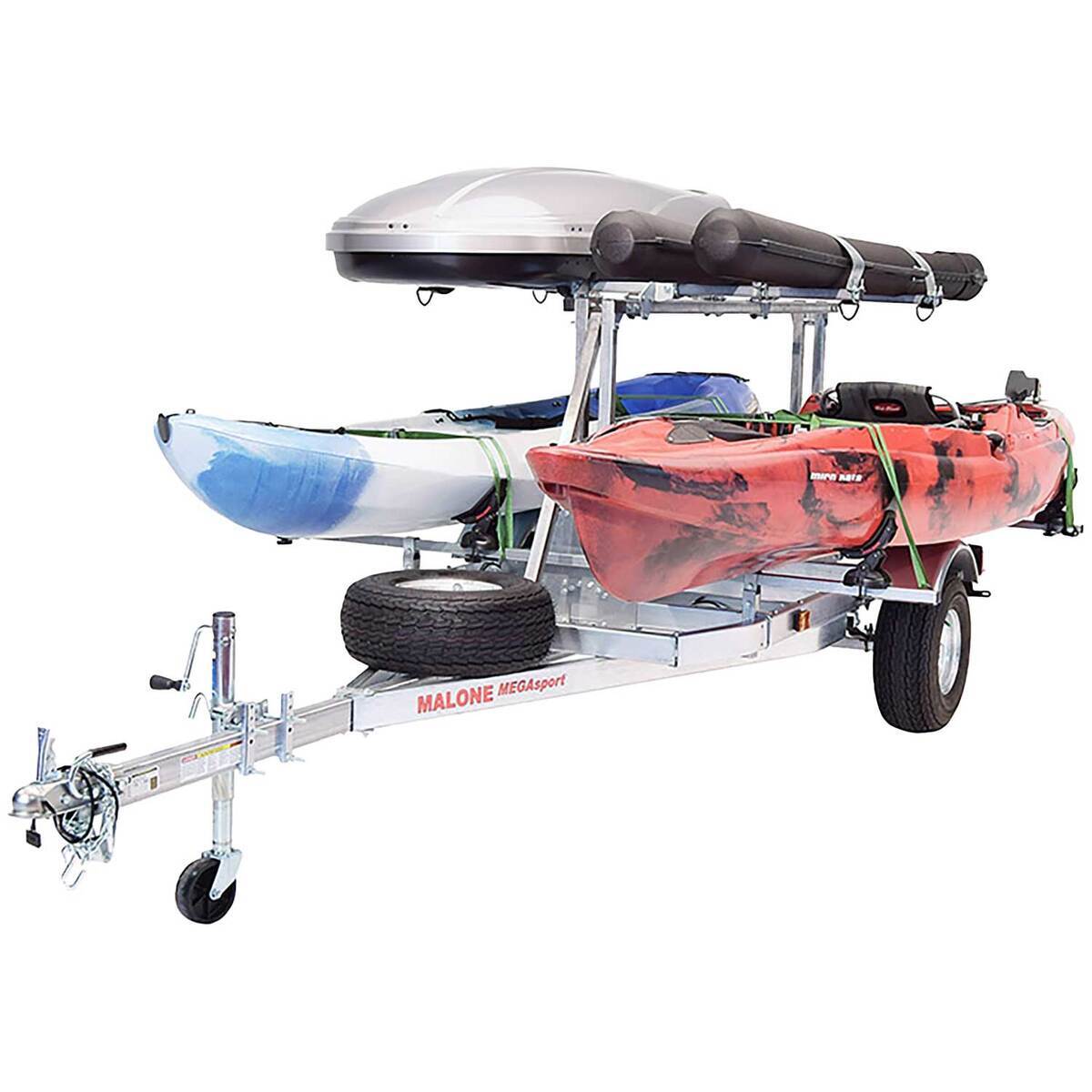 Malone MegaSport LowBed Kayak Trailer- with Tier, Spare, 2 sets SaddleUp, Cargo Box, 2 Rod Tubes Malone MegaSport LowBed Kayak Trailer- with Tier, Spare, 2 sets SaddleUp, Cargo Box, 2 Rod Tubes