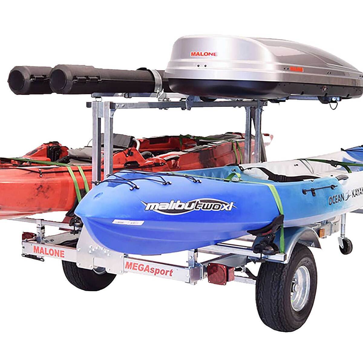 Malone MegaSport LowBed Kayak Trailer- with Tier, Spare, 2 sets SaddleUp, Cargo Box, 2 Rod Tubes Malone MegaSport LowBed Kayak Trailer- with Tier, Spare, 2 sets SaddleUp, Cargo Box, 2 Rod Tubes