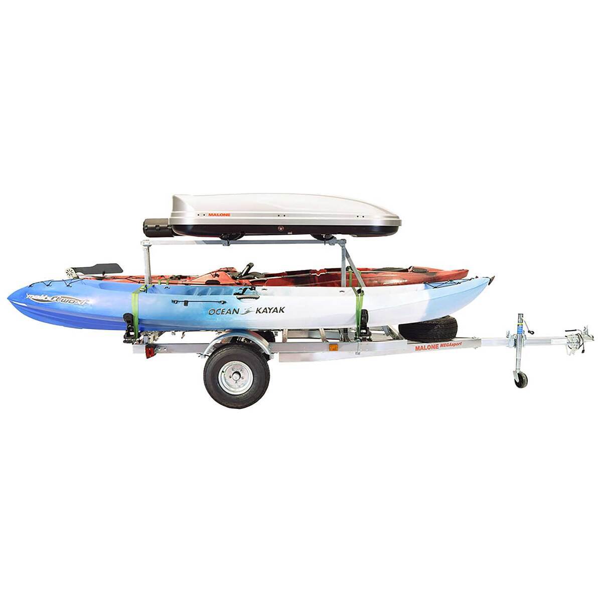 Malone MegaSport LowBed Kayak Trailer- with Tier, Spare, 2 sets SaddleUp, Cargo Box, 2 Rod Tubes Malone MegaSport LowBed Kayak Trailer- with Tier, Spare, 2 sets SaddleUp, Cargo Box, 2 Rod Tubes