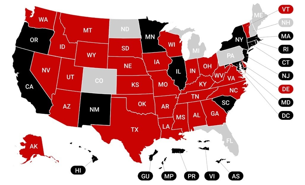 Map of united states as they pertain to Utah gun carry permits