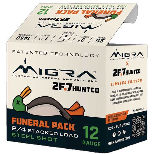 Migra 2F.7 Funeral Pack 12 Gauge 3in #2/4 1-1/4oz Steel Shot Shotshells Ammo - 25 Rounds Ammo - #2/4 25 Rounds - #2/4 Ammo