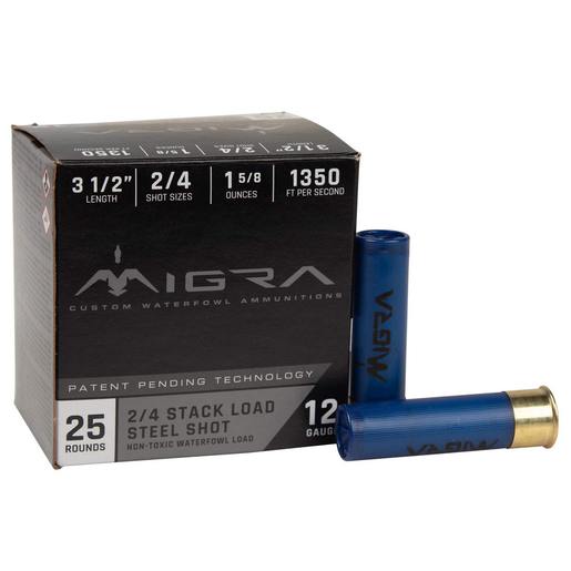 Migra Steel Shot 12 Gauge 3-1/2in #2/4 1-5/8oz Waterfowl Shotshells – 25 Rounds – #2/4